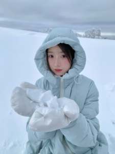 南西 花苞帽baby蓝雪花烫钻羽绒服女中长款加厚白鸭绒外套带手套