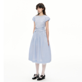 蓝色肌理泡泡袖 Romance Nanci 抽绳收腰长裙格纹圆领大摆连衣裙