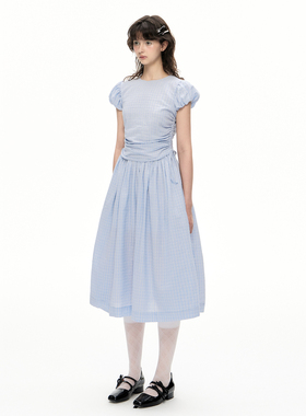 Romance Nanci 蓝色肌理泡泡袖抽绳收腰长裙格纹圆领大摆连衣裙