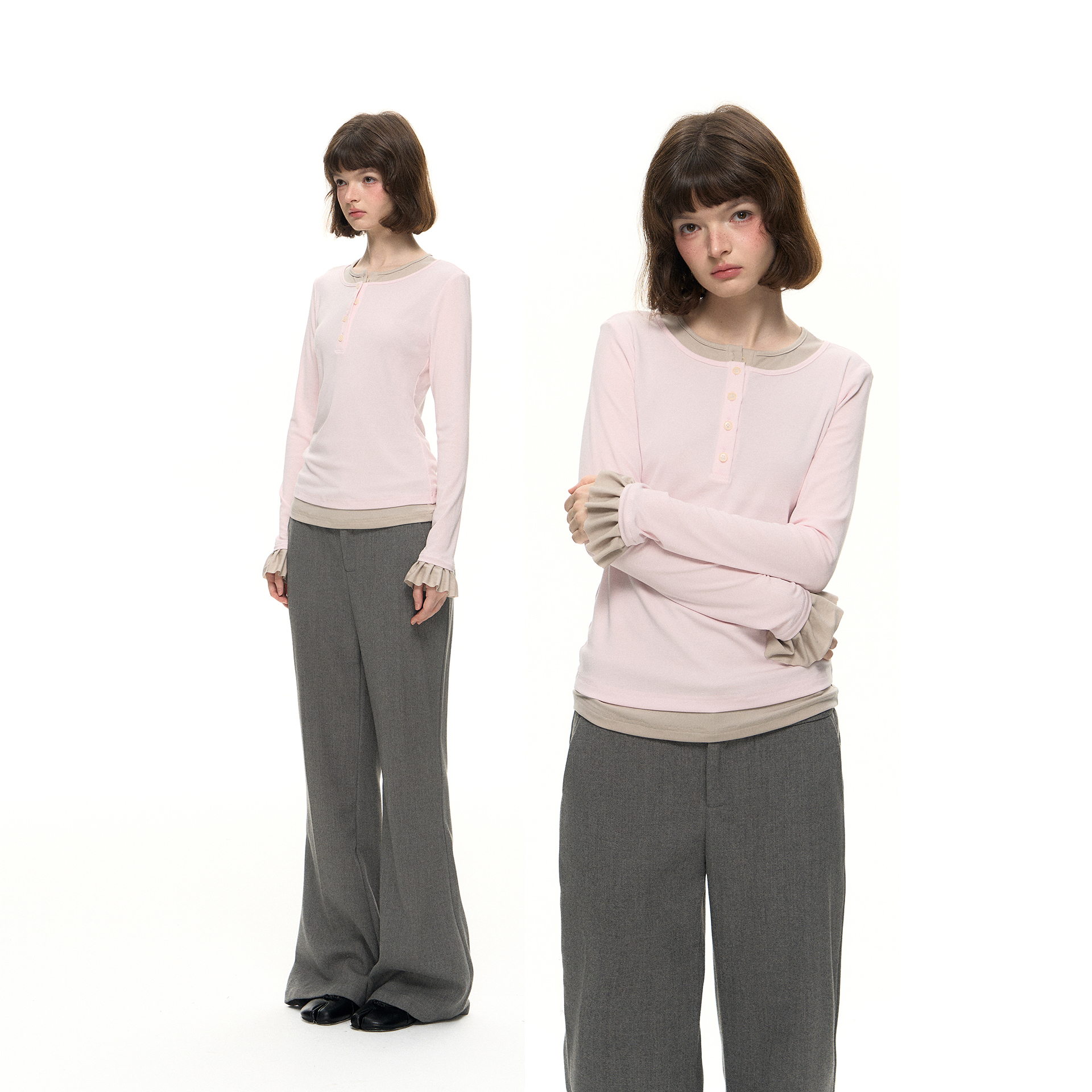 Romance Nanci 荷叶袖粉色假两件长袖打底衫T恤