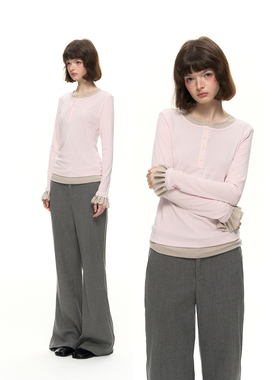 Romance Nanci 荷叶袖粉色假两件长袖打底衫T恤