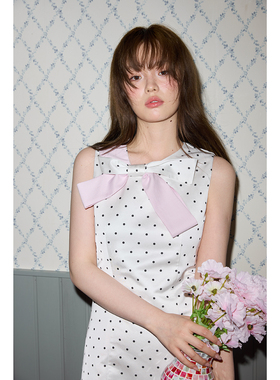 Romance Nanci 复古缎面波点无袖连衣裙夏季蝴蝶结小众设计背心裙