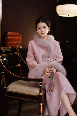 新中式国风狐狸毛拼接毛呢外套