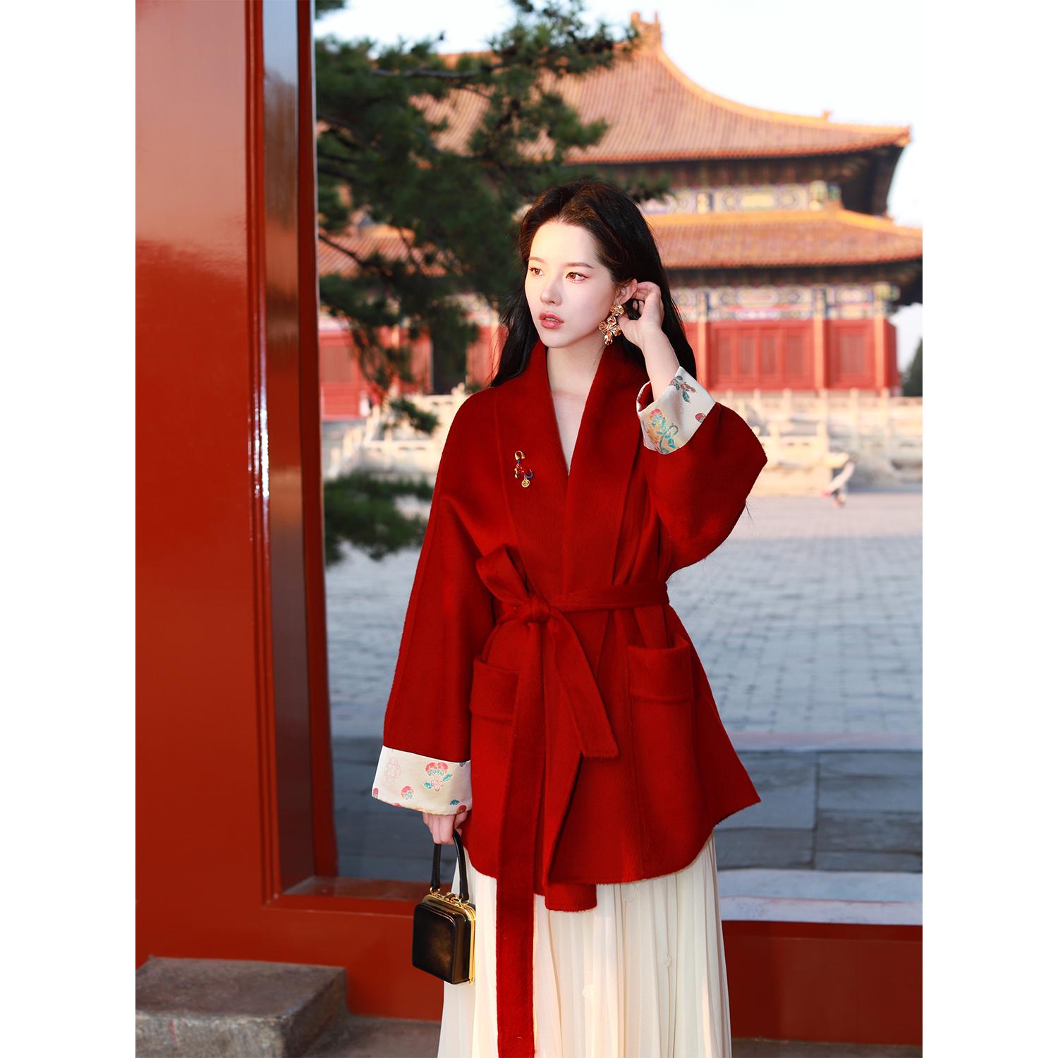 寄信 新中式全羊毛提花双面尼斗篷系带大衣