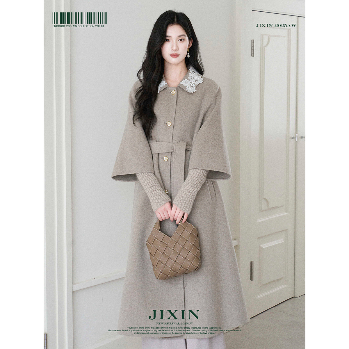 寄信/山羊绒羊毛双面呢大衣法式蕾丝刺绣翻领收腰连袖假两件外套