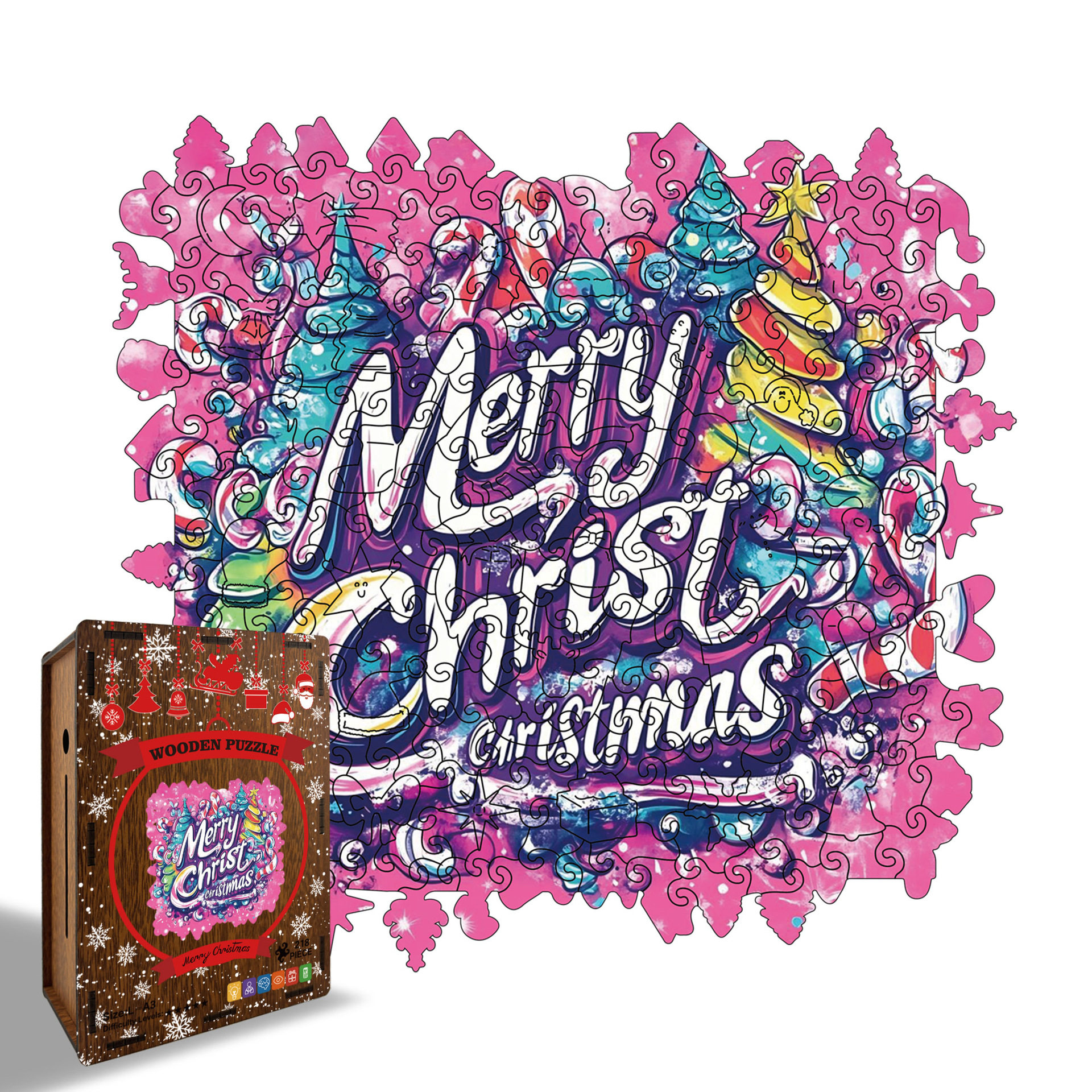 粉色圣诞快乐不规则木拼图 MerryChristmas成人创意圣诞纪念礼物