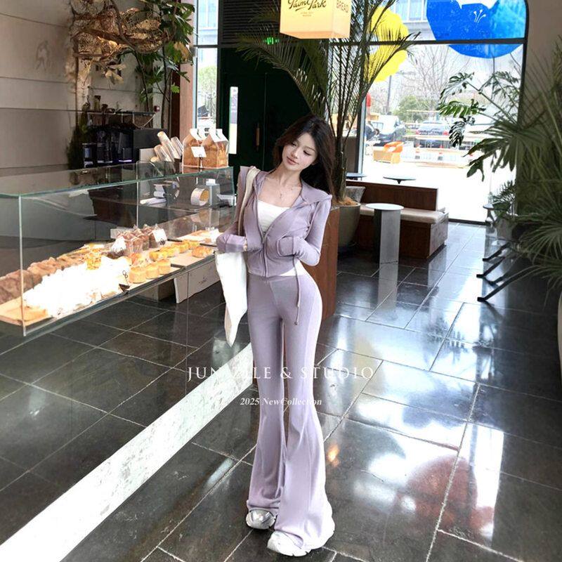 连帽女装微美女系喇叭长裤套装纯欲风外套上衣运动lu新款长袖春天