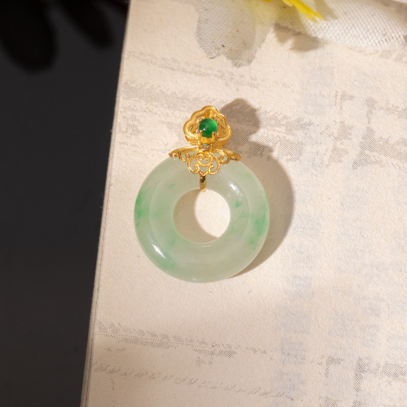 翡翠吊坠甜甜圈挂件金镶嵌冰种天然缅甸玉简约精致百搭鉴定证书女