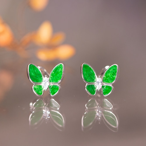 翡翠蝴蝶耳饰耳环天然缅甸玉精致