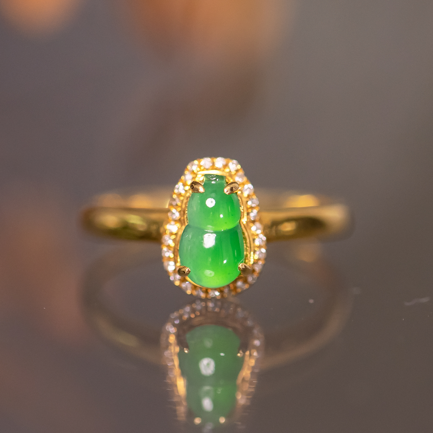 天然翡翠葫芦戒指18K金镶嵌精致