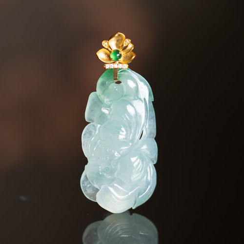 天然缅甸玉翡翠A货荷花吊坠冰种
