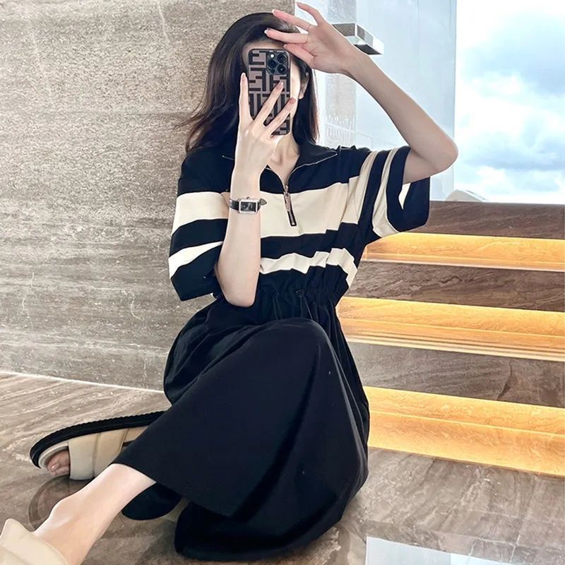 设计轻奢连衣裙女夏春装法式显瘦设计感小众黑色胖mm遮肚长裙