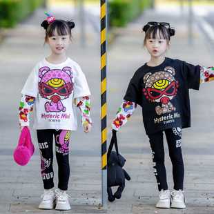 女童长袖T恤2025新款纯棉春秋韩版宽松薄款打底衫休闲假两件套潮