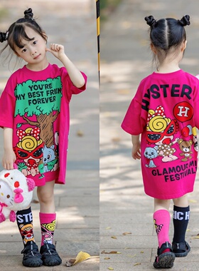 女童裙子春夏款2025新款短袖中长款T恤裙洋气时髦儿童夏季连衣裙