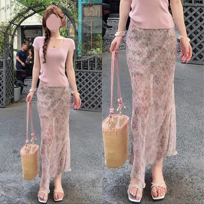 2026夏季法式温柔风粉色小碎花雪纺半身裙女高腰显瘦百搭中长裙子