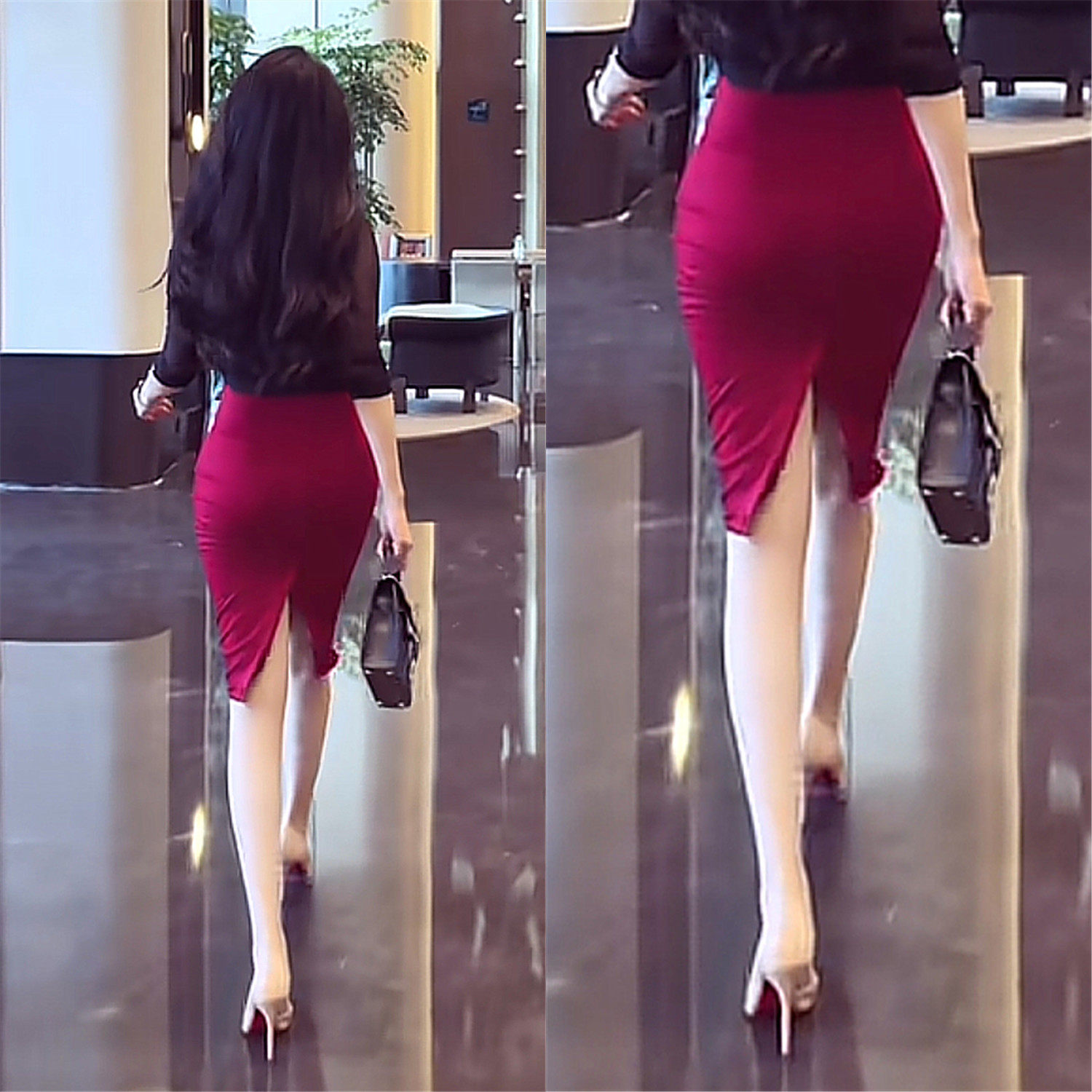 本命年酒红色半身裙女春夏季高腰包臀后开衩上班通勤弹力一步包裙 - 实物图
