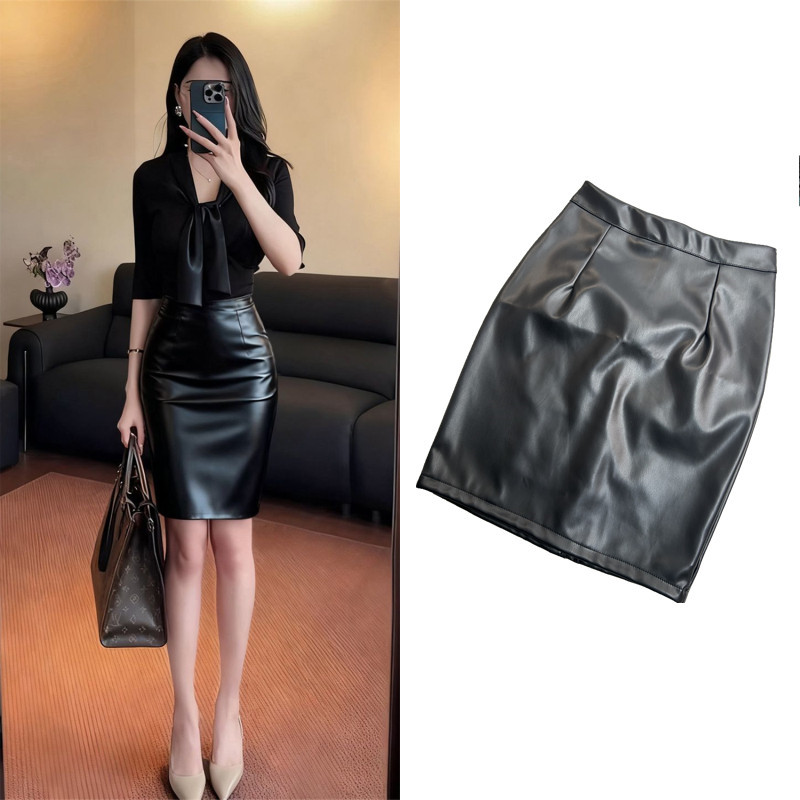 秋冬黑色PU高腰后开叉包臀半裙