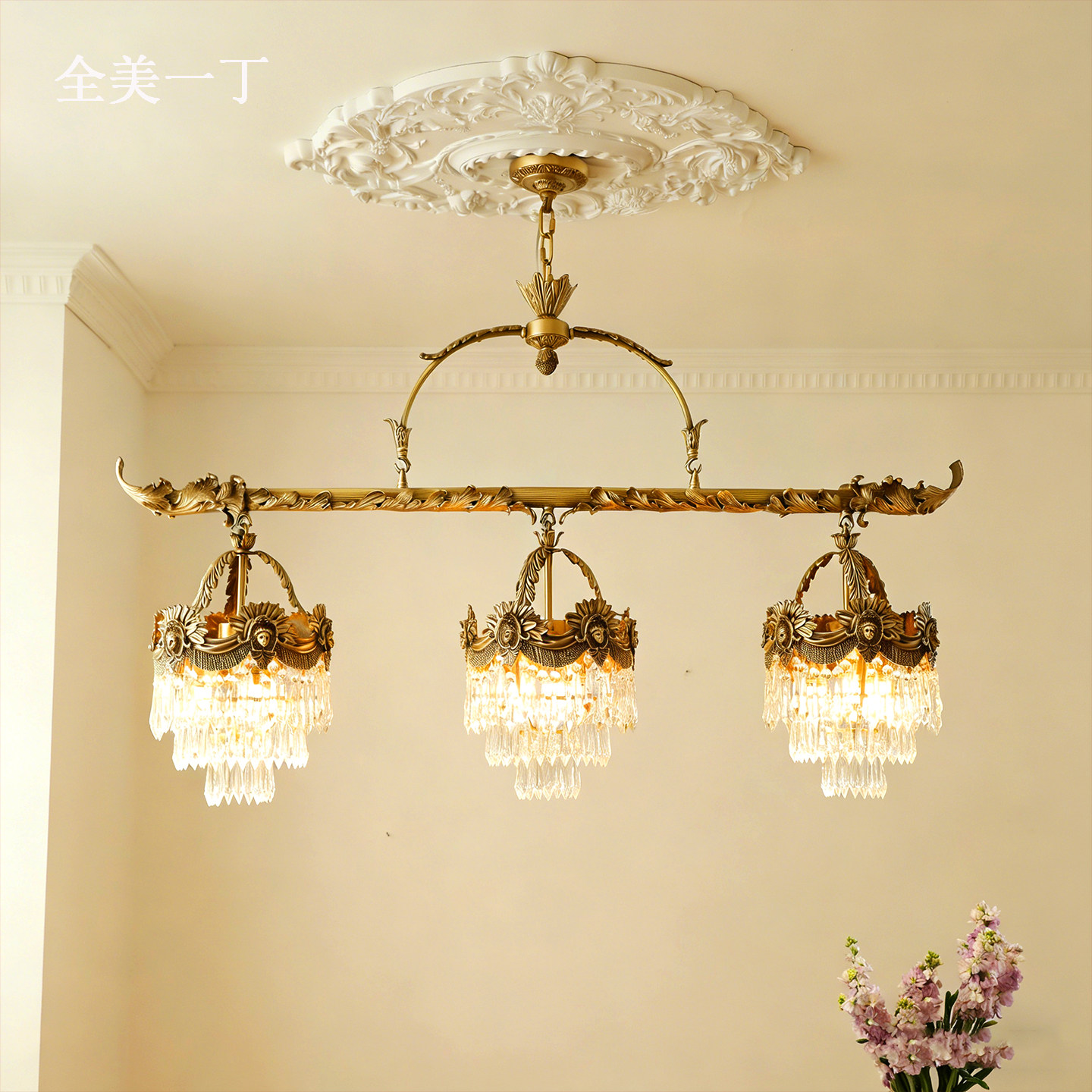 全美一丁法式长型餐厅吊灯欧式书房水晶奢华大气复古别墅全铜灯具