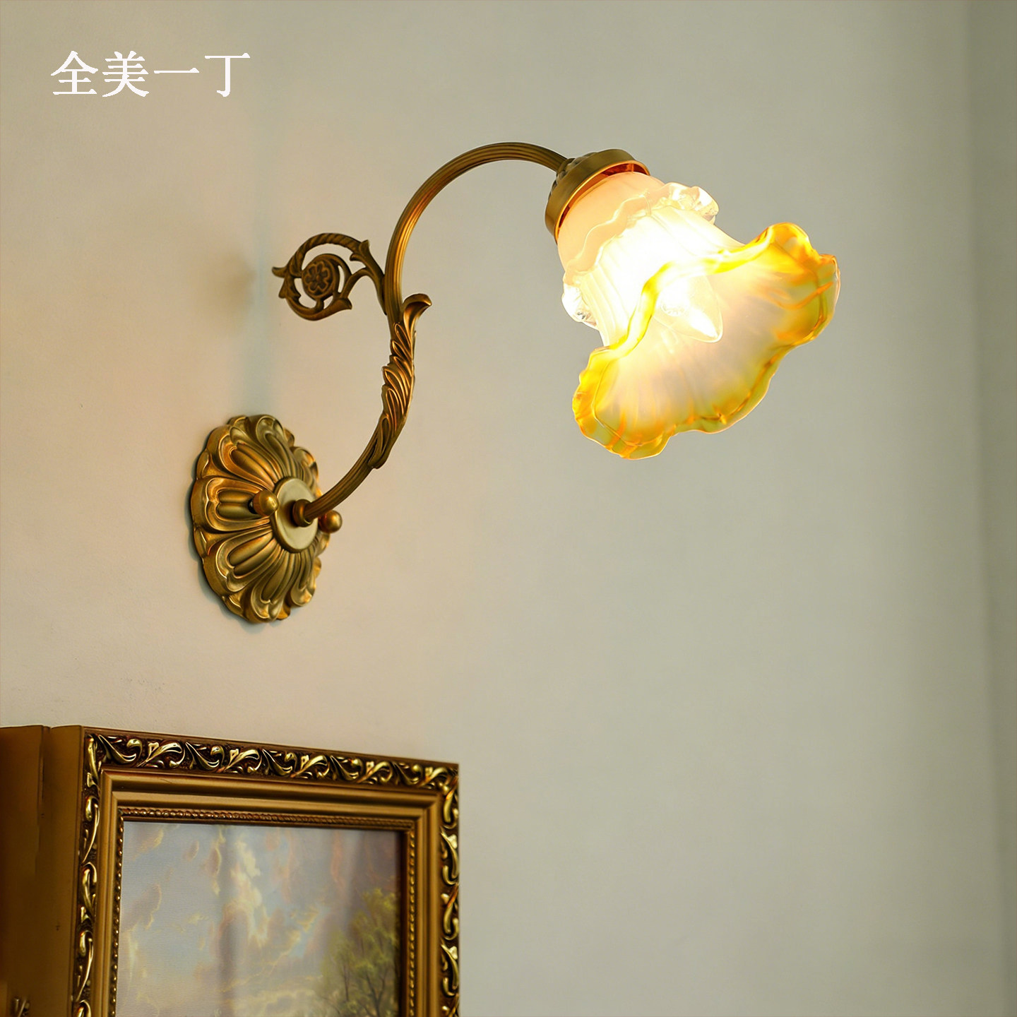 全美一丁法式中古客厅卧室书房过道墙灯美式黄铜花朵床头黄铜壁灯