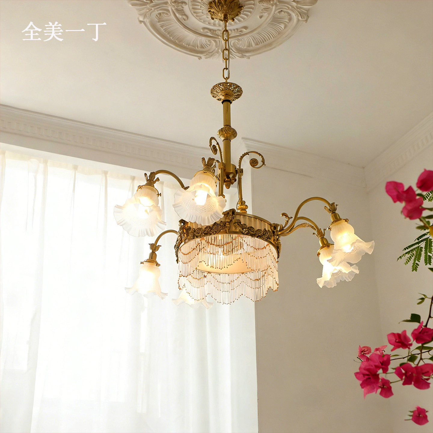 全美一丁法式复古黄铜珠帘玻璃花苞客厅吊灯浪漫中古楼梯复式顶灯