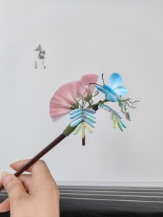 【尘烟醉】粉色合欢花非遗绒花手工竹枝发簪古风发饰汉服配饰