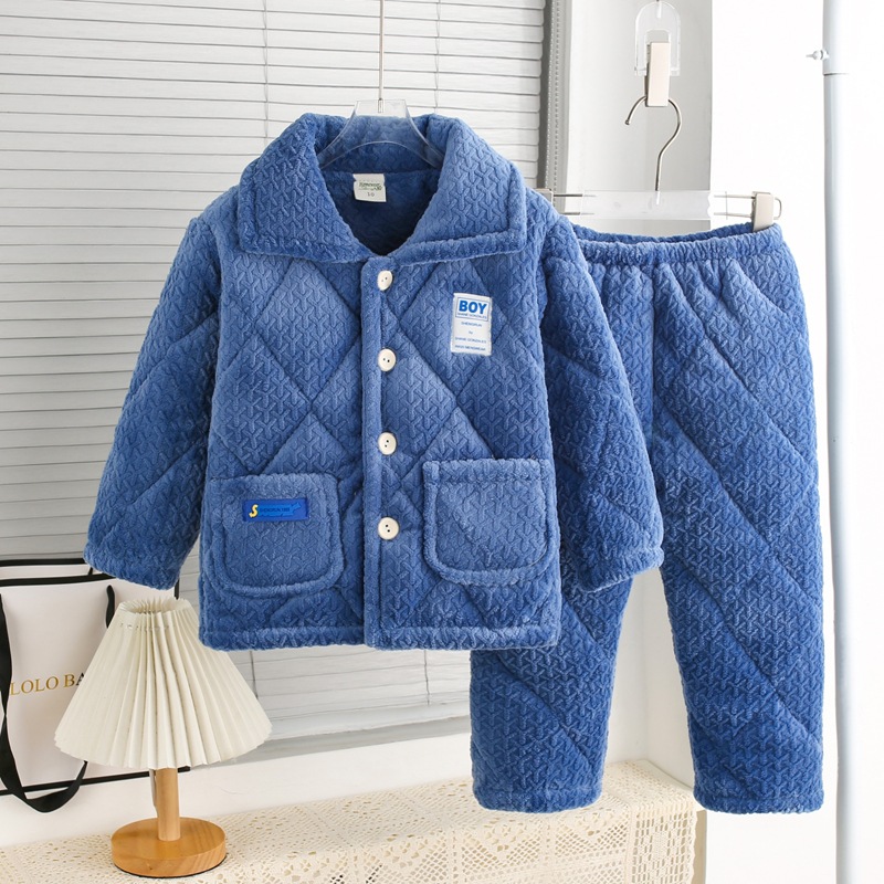 冬季男童加厚三层夹棉袄牛奶绒宝宝法兰绒儿童睡衣保暖家居服套装