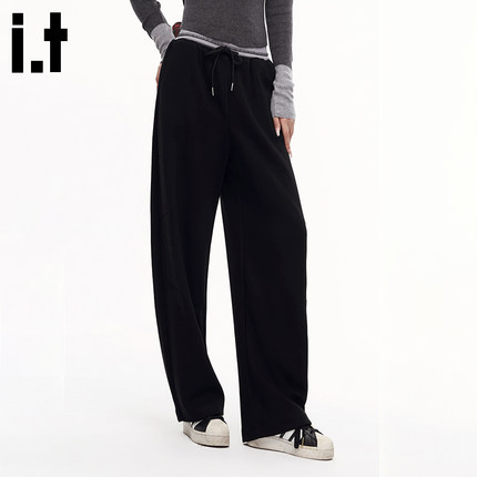 i.t GROUNDZERO美式复古拼接系绳高腰垂感直筒宽松撞色休闲长裤女