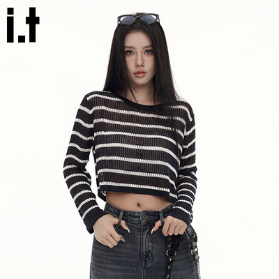 i.tGROUNDZERO初秋小众显瘦条纹气质辣妹长袖毛衣针织衫女