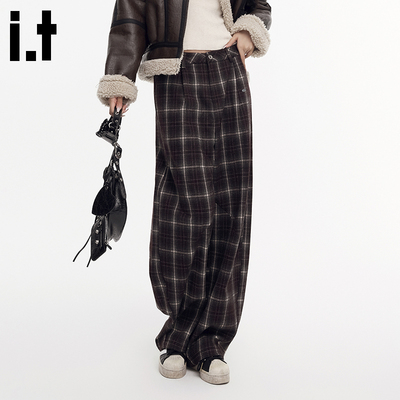 i.tGROUNDZERO复古美拉德格纹微弹直筒休闲百搭显瘦长裤