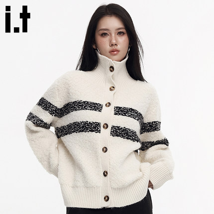 i.t GROUNDZERO 韩系休闲半高领洋气撞色条纹针织开衫毛衣外套