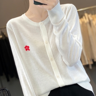 上衣 软糯亲肤精纺羊毛薄款 开衫 女长袖 圆领宽松洋气外搭毛针织衫