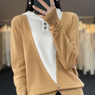 卫衣毛衣上衣 2025春季 新款 假两件连帽针织衫 女士宽松显瘦套头帽衫