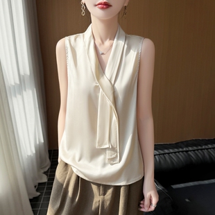 打底内搭缎面吊带背心小衫 法式 高级宽松衬衣职业西装 V领衬衫 无袖