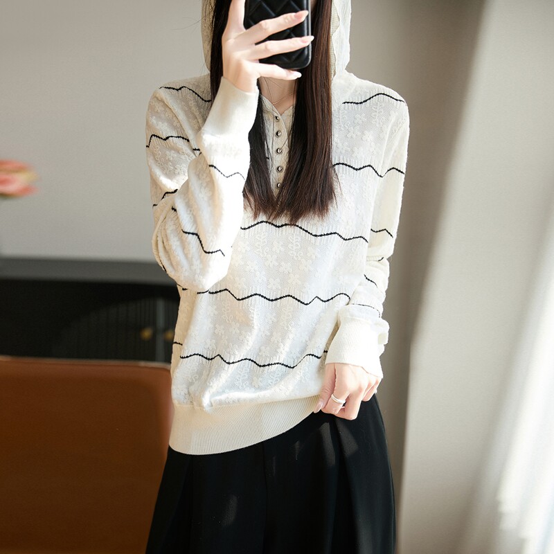 慵懒风蕾丝提花波浪纹连帽薄款针织衫女宽松遮肉亲肤外穿休闲上衣