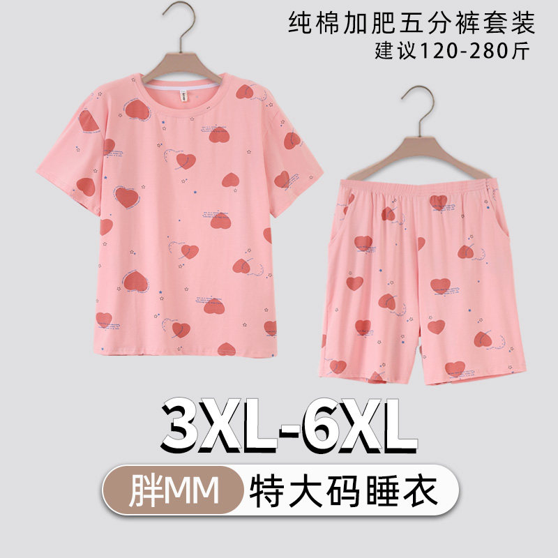 纯棉胖mm大码睡衣女200斤加肥加大夏季卡通宽松薄款五分裤家居服