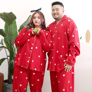 秋冬韩版情侣男女纯棉桃心结婚大红色加肥加大胖mm大码睡衣家居服