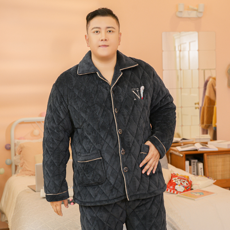 保暖加肥加大三层珊瑚绒夹棉睡衣
