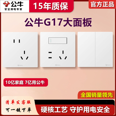 公牛G17白色开关插座五孔带一开16a大面板亮面86型USB5孔墙壁暗装