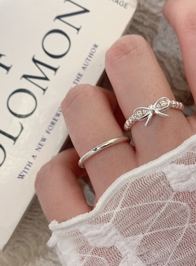 女款纯银蝴蝶结爱心光面戒指