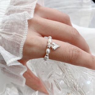 S925纯银天然淡水珍珠爱心吊坠弹力戒指食指戒韩系INS风简约小众