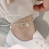 S925纯银脚链女韩版 笑脸纳福平安锁银珠脚踝链简约百搭