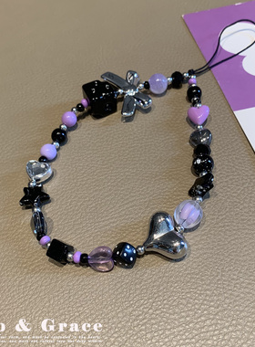 小众紫色爱心蝴蝶手机挂件珠饰便携挂绳时尚创意手机链挂绳辣妹