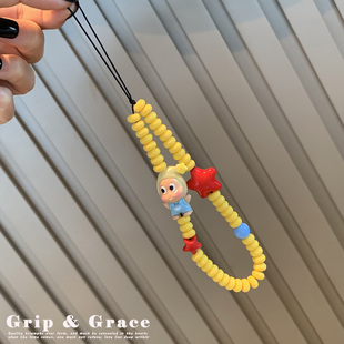 可爱卡通串珠手机挂件黄色星星人挂绳ccd相机挂饰手机链手机挂绳