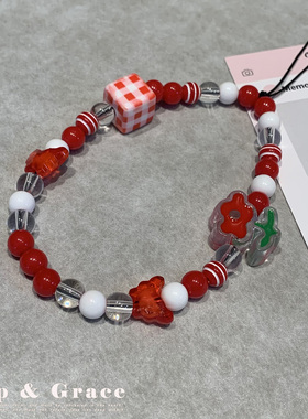 Grip Grace红色新年花朵挂绳新年手链中国风钥匙扣挂饰串珠手链女