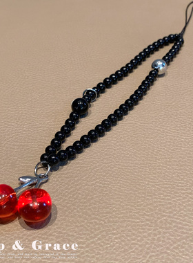 手工编织黑珠红樱桃手机链挂件可爱少女可爱挂饰挂绳手提挂绳珠链