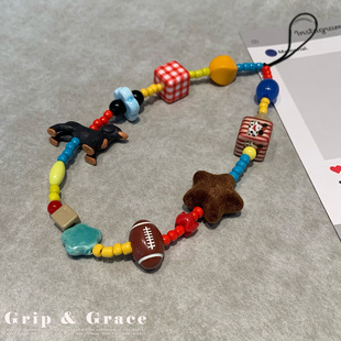 ins小众小狗星星串珠手机链ccd相机包包挂饰手机壳挂绳链条复古