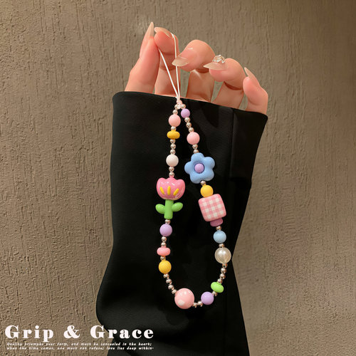 GripGrace手机挂链短款甜美夏日花花细小银珠彩色挂饰百搭包挂饰