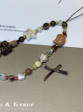 可爱串珠手机链珠饰挂绳蝴蝶结装饰挂件ccd相机挂链手机挂绳咖色