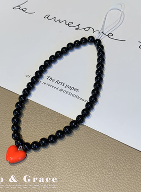 黑玛瑙爱心挂件手机链女小众轻奢珠饰钥匙扣项链吊坠串珠手机挂绳