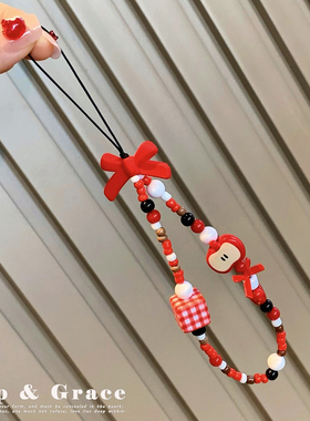蝴蝶结方块苹果手机挂件手工串珠防丢挂链手机挂绳手机挂链红色女